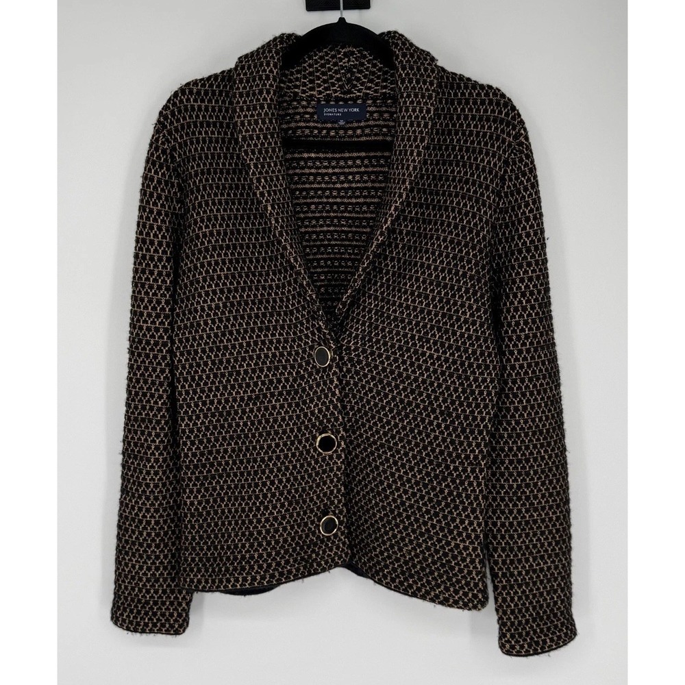 Jones New York Signature Merino Wool Sweater Blazer Medium Black Gold Elegant